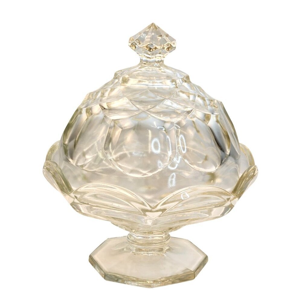 L E Smith Clear Glass Dominion Candy Dish Bowl With Lid 7.5 Inch
